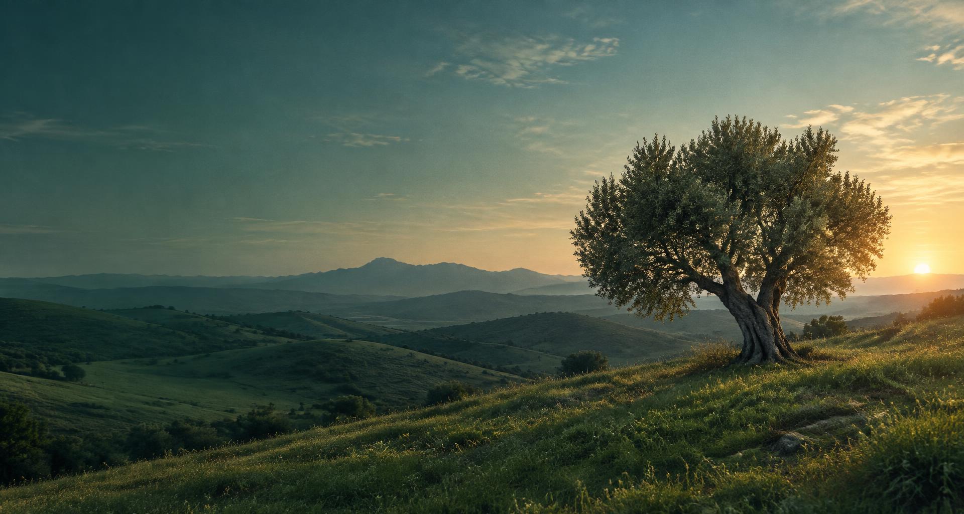 An olive tree overlooking peaceful green hills at sunrise